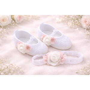 Buciki + Opaska "Różany bukiecik" biały