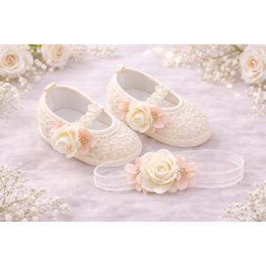 Buciki + Opaska "Różany bukiecik" ecru.