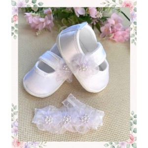 Buciki + Opaska "Organtynowy kwiat" biały