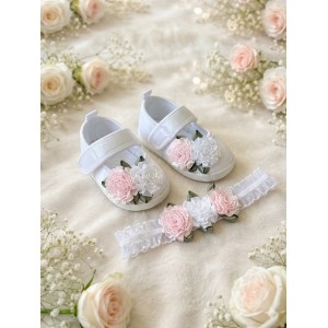 Buciki + Opaska "Goździki" białe